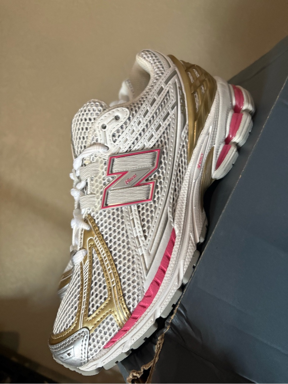 New Balance White Gold Pink Women's Athletic Running Shoes